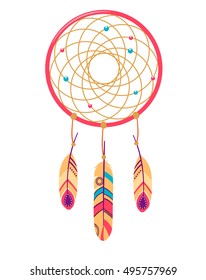 Vector illustration of a Dreamcatcher, white Background, b flat style. Dreamcatcher with Coloured Feathers. Ethnic illustration.