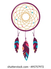 Vector illustration of a Dreamcatcher, white Background, b flat style. Dreamcatcher with Coloured Feathers. Ethnic illustration.