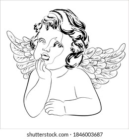 Vector illustration of dreaming cupid. Isolated image of an angel with wings.