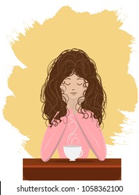 Vector illustration of dreaming girl with the cup of tea. Beautiful girl drinking tea during break. Attractive woman dreaming during drinking the tea/ coffee on the yellow splashes background.