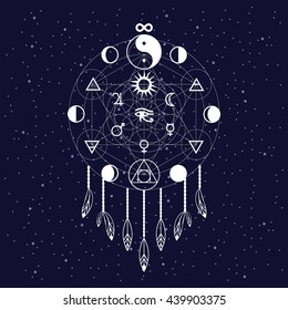 vector illustration / dreams catcher with metatron cube shape, ying yang and  philosophers stone symbols / astronomical signs of planets and moon phases / Horus eye egyptian symbol in the middle 