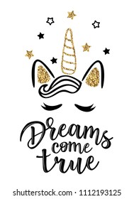 Vector illustration of a "Dreams come true" lettering. Greeting cards with "Dreams come true" inscription. Can be used for cards, flyers, posters, t-shirts.