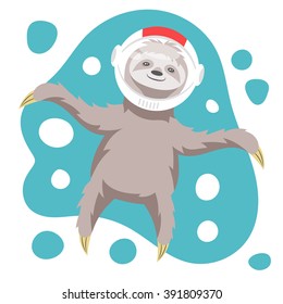 Vector illustration of dreamy happy sloth floating in space in space helmet. Vector print for t-shirt or poster design.