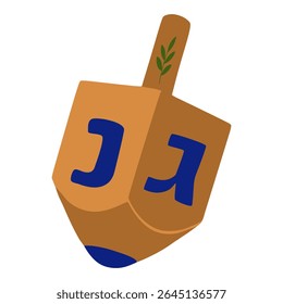 A vector illustration of a dreidel, a traditional spinning top used during Hanukkah, featuring a brown body, blue Hebrew letters, and a green sprig on the top.