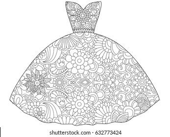 Vector illustration of dress princess coloring book. Anti-stress coloring for adult clothes. Zentangle style fashion. Black and white lines. Lace pattern