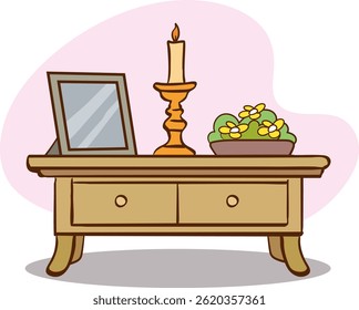 Vector illustration of a dresser with candles and flowers