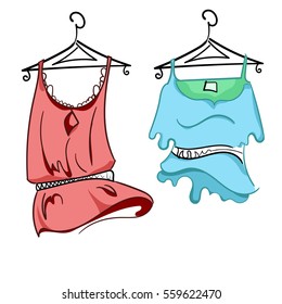 Vector illustration of dresses on hangers. The red tunic and a blue blouse.