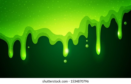 Vector illustration of dribble slime. Flowing green sticky liquid on dark background.