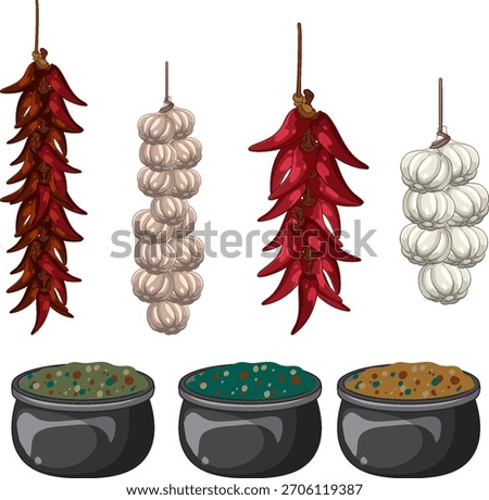 Vector illustration of dried chili peppers, garlic bunches, and spice bowls in flat style