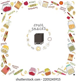 Vector illustration of dried fruits and vegetables. Dried apples, pears, watermelon, kiwi, banana, tomato, orange. Healthy food and vegan diet. Dryer for fruits and vegetables.