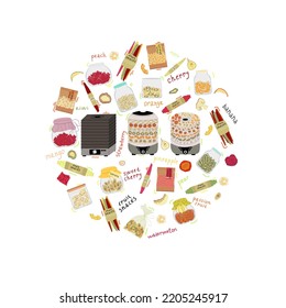 Vector illustration of dried fruits and vegetables. Dried apples, pears, watermelon, kiwi, banana, tomato, orange. Healthy food and vegan diet. Dryer for fruits and vegetables.