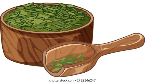 Ilustración vectorial de hojas secas de té verde en un tazón de madera con una cuchara de madera