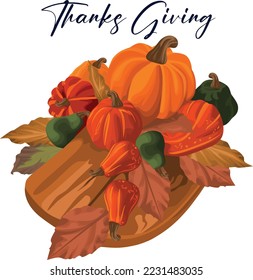 vector illustration of dried pumpkin and leaves on wood on white background for thanksgiving celebration.