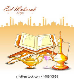 vector illustration of drink and beverage with Quran for Eid Mubarak (Blessing for Eid) background