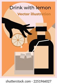 Vector illustration of drink bottle and glass. Banner, poster, with alcoholic and non-alcoholic drink with lemon or orange.