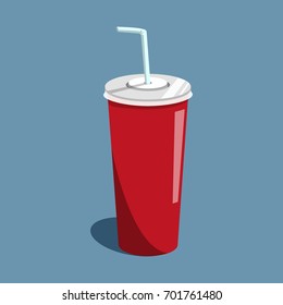 Vector illustration drink cola on the blue backgroud. Soda drink in red paper cup with white tubule.