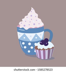 Vector illustration drink with cream and with cupcake with blueberries