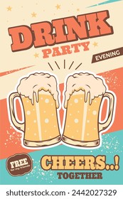 vector illustration, drink party retro poster template, vintage colorful, with two glasses of beer