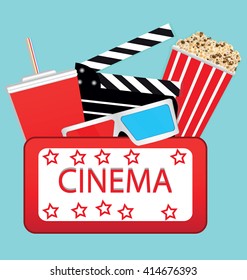 vector illustration, drink and popcorn 3D glasses for cinema.
