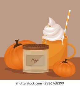 Vector illustration. Drink with pumpkin, autumn coziness, candle, coffee with marshmallows, recipe background, design, autumn mood.