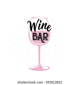 Vector illustration of drink related typographic quote. Wine bar old logo design. Alcohol background printable. Vintage kitchen print element with wineglass on grunge background