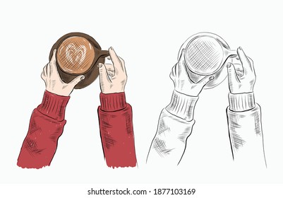 Vector illustration drinking coffee. coffee hands top view.