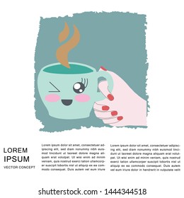 Vector illustration drinking coffee. Tea Coffee Break, Cup, Mug. Female hand holding cup of hot coffee with copy space on white background.  