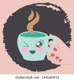 Vector illustration drinking coffee. Tea Coffee Break, Cup, Mug. Conversation over cup of coffee. Female hand holding cup of coffee with kawaii smile on textured background