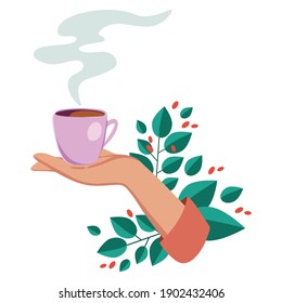 Vector Illustration Drinking Coffee. Tea Coffee Break, Mug, Hands Top View In A Cafe. Female. Friendly Support In Difficult Times, Conversation Women Coffee Houses