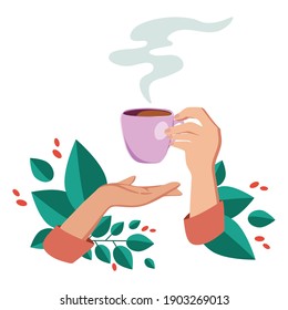 Vector Illustration Drinking Coffee. Tea Coffee Break, Mug, Hands Top View In A Cafe. Female. Friendly Support In Difficult Times, Conversation Women Coffee Houses