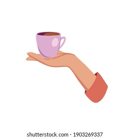 Vector illustration drinking coffee. Tea coffee break, mug, hands top view in a cafe. Female. Friendly support in difficult times, conversation women coffee houses