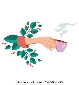 Vector illustration drinking coffee. Tea coffee break, mug, hands top view in a cafe. Female. Friendly support in difficult times, conversation women coffee houses