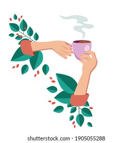 Vector Illustration Drinking Coffee. Tea Coffee Break, Mug, Hands Top View In A Cafe. Female. Friendly Support In Difficult Times, Conversation Women Coffee Houses