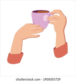 Vector illustration drinking coffee. Tea coffee break, mug, hands top view in a cafe. Female. Friendly support in difficult times, conversation women coffee houses