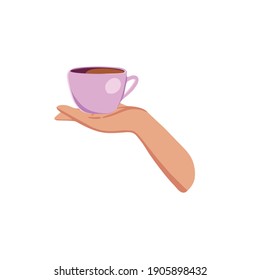 Ilustración vectorial tomando café. Descanso de té, taza, vista de las manos en un café. Mujer. Apoyo amistoso en tiempos difíciles, conversaciones con mujeres cafés