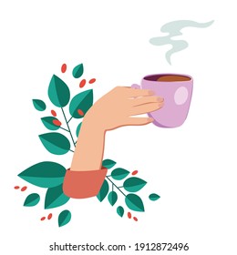 Vector illustration drinking coffee. Tea coffee break, mug, hands top view in a cafe. Female. Friendly support in difficult times, conversation women coffee houses