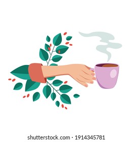 Vector illustration drinking coffee. Tea coffee break, mug, hands top view in a cafe. Female. Friendly support in difficult times, conversation women coffee houses