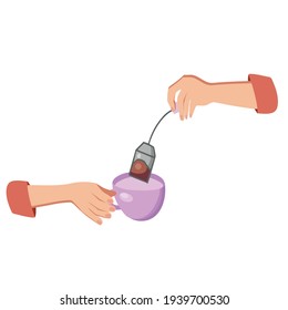 Vector illustration drinking coffee. Tea coffee break, mug, hands top view in a cafe. Female.