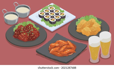 Vector illustration of a drinking party with Korean food