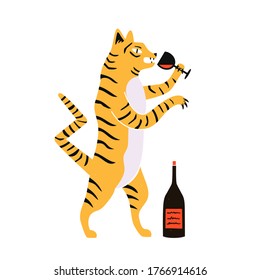 Vector illustration with drinking red wine tiger with glass wine and bottle. Trendy print design with wild animal and alcohol, home decoration poster template with rough texture