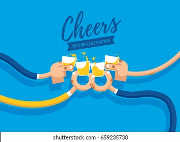 Vector Illustration Of Drinking Shots And Whiskey, Cheers, Clinking Glasses, Party, Four Hands In Flat Design. Drink With Friends. Four Shot Glasses
