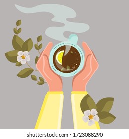 Vector illustration of drinking tea with lemon. Tea time, mug, hands top view. Girl. Green leaves and white flowers of tea. Friendly support in difficult times. Conversation with a psychologist