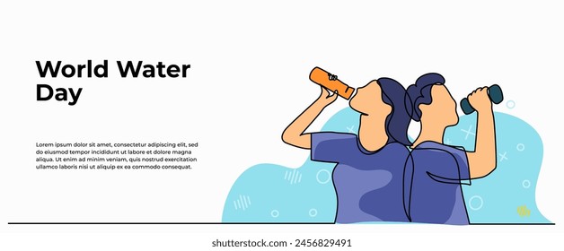 Ilustración vectorial de beber agua de una botella. Moderno piso en estilo de línea continua.