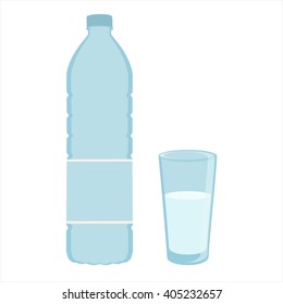Vector illustration drinking water in plastic bottle and glass of clean water. Glass and plastic bottle icon