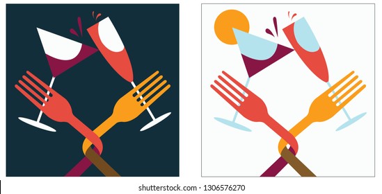 vector illustration of drinking wine and soda, forks, cheers, clinking glasses, party - Vector