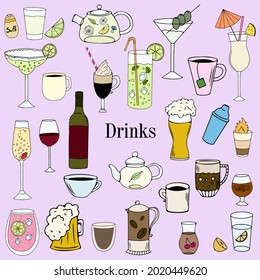 Vector illustration with drinks, alcoholic beverages, coffee, tea, cocktails, doodle set of drinks