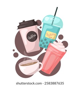 vector illustration with drinks for bar card, menu. seasonal drinks and coffee to go. concept with coffee and bubble tea, milkshake and tea. flat style