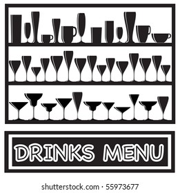 A vector illustration for a drinks menu with glass silhouettes, in black and white