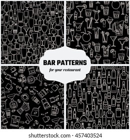 Vector Illustration of Drinks Seamless Pattern Outline for Design, Website, Background, Banner. Bar Element for Menu or Infographic Template. Glasses, Bottle, Cocktail, Coffee, tea