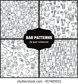 Vector Illustration of Drinks Seamless Pattern Outline for Design, Website, Background, Banner. Bar Element for Menu or Infographic Template. Glasses, Bottle, Cocktail, Coffee, tea